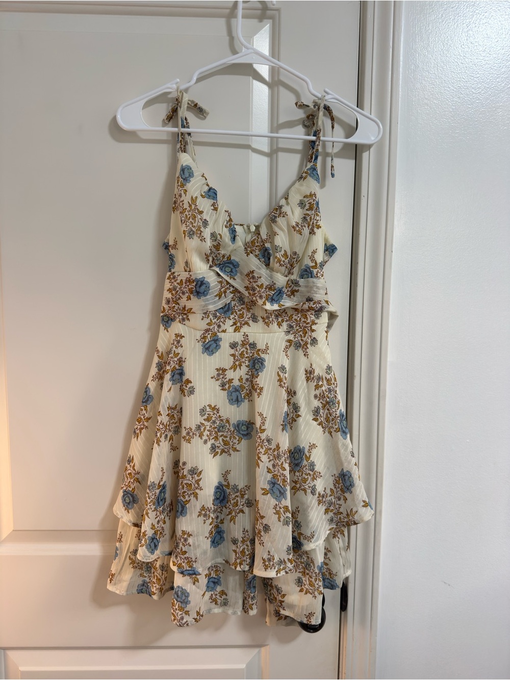 Crystal Doll Cream Mini Dress with Blue Floral Print and Brown Accents
